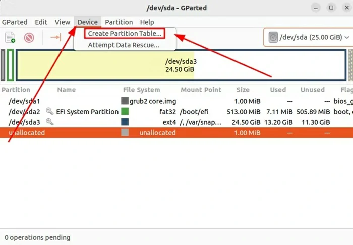 formater la table de partition de disque Ubuntu