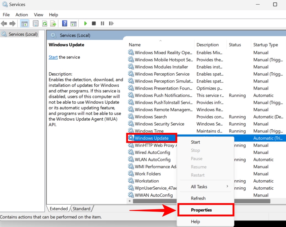 puede acceder a las propiedades del servicio de actualización de Windows a través de la configuración de servicios de Windows 11