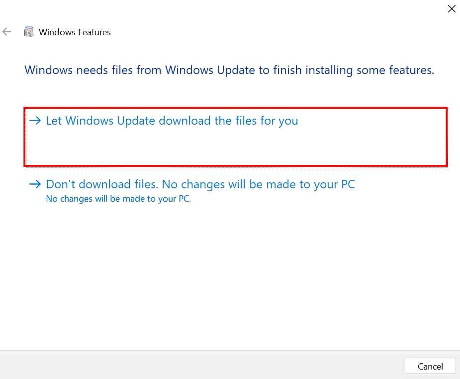 seleccione permitir que Windows Update descargue los archivos cuando se le solicite instalar .NET Framework 3.5 para intentar corregir el error de instalación 0x800f081 
