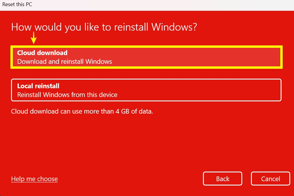 al seleccionar la opción de descarga en la nube en el menú de reinicio de Windows 11, se instala la última versión de Windows 11 descargándola 
