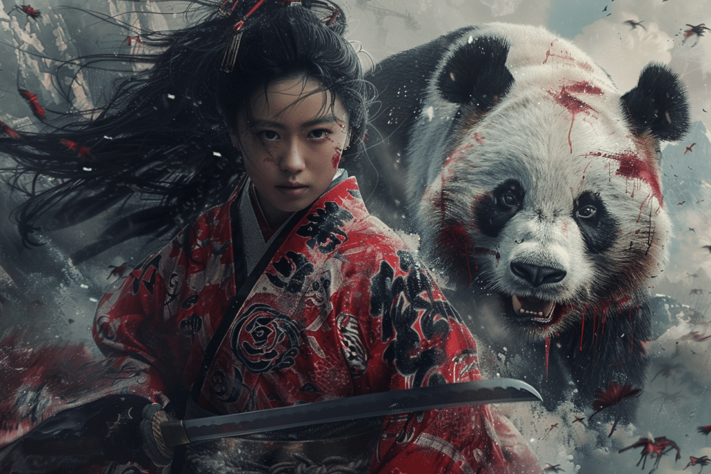 Samurai japonés contra un panda gigante enojado