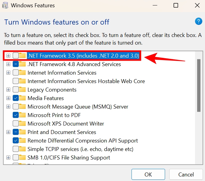 para instalar .NET framework 3.5 en Windows, haga clic en su casilla de verificación en Características de Windows 