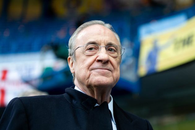 Real Madrid President Florentino Perez looks on.