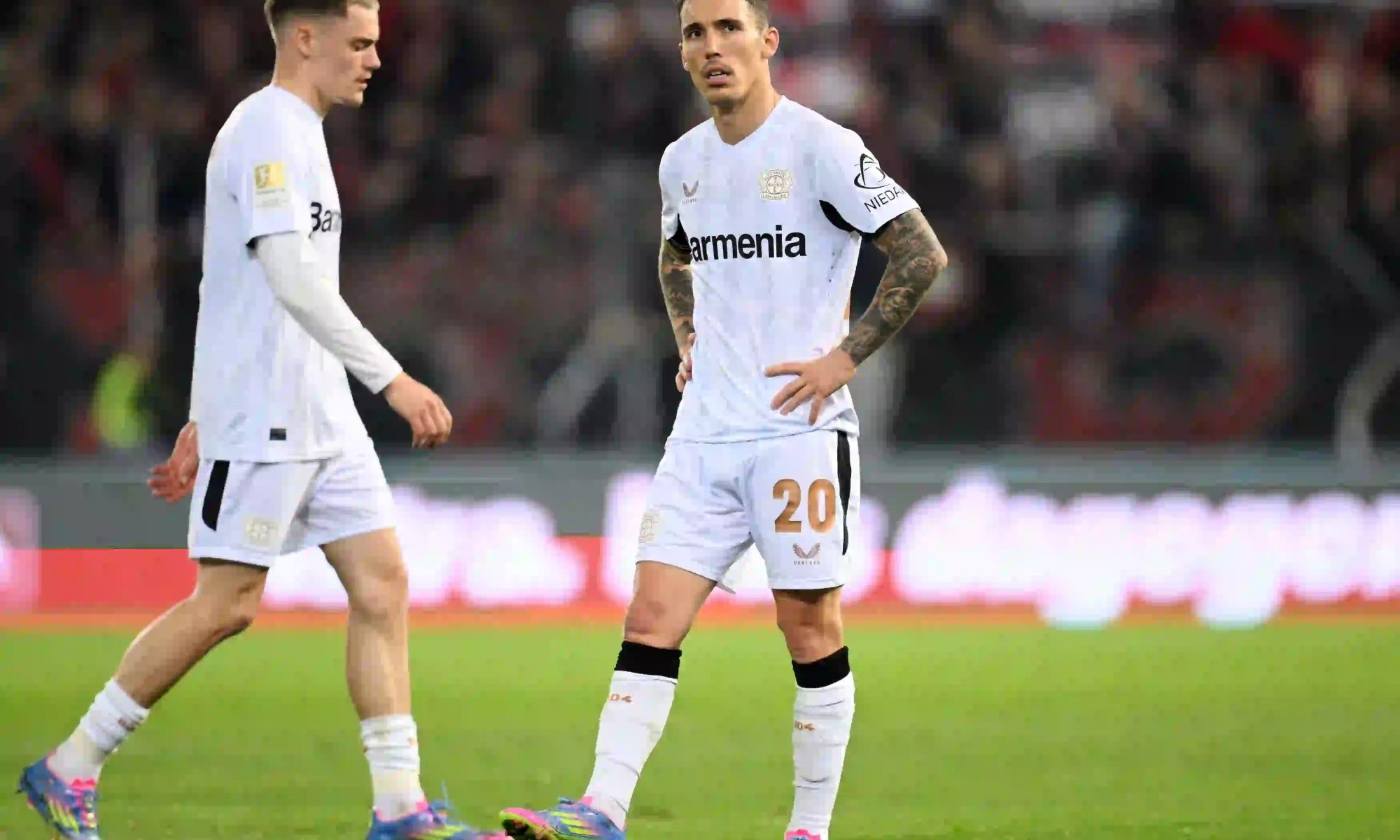 Grimaldo in action for Leverkusen.