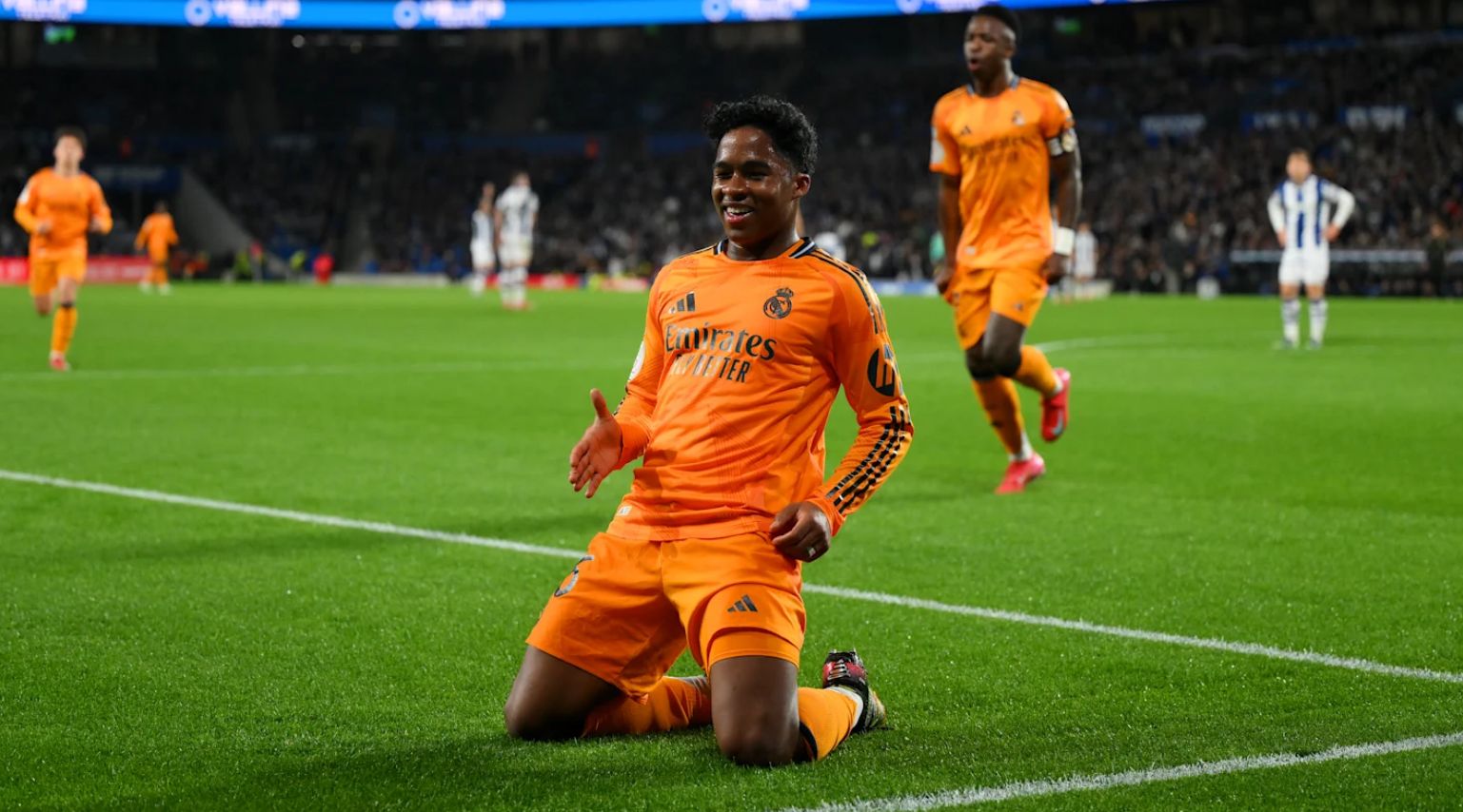 Endrick celebrates at Anoeta